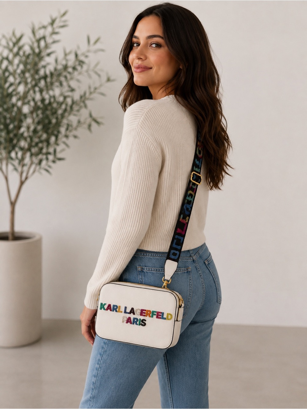 Karl Lagerfeld White Camera Bag with Multicolor Logo and Patterned Strap - Picture 9 of 9